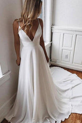 Vestido de novia de gasa con escote en V, encaje, tirantes finos y cola larga WD343